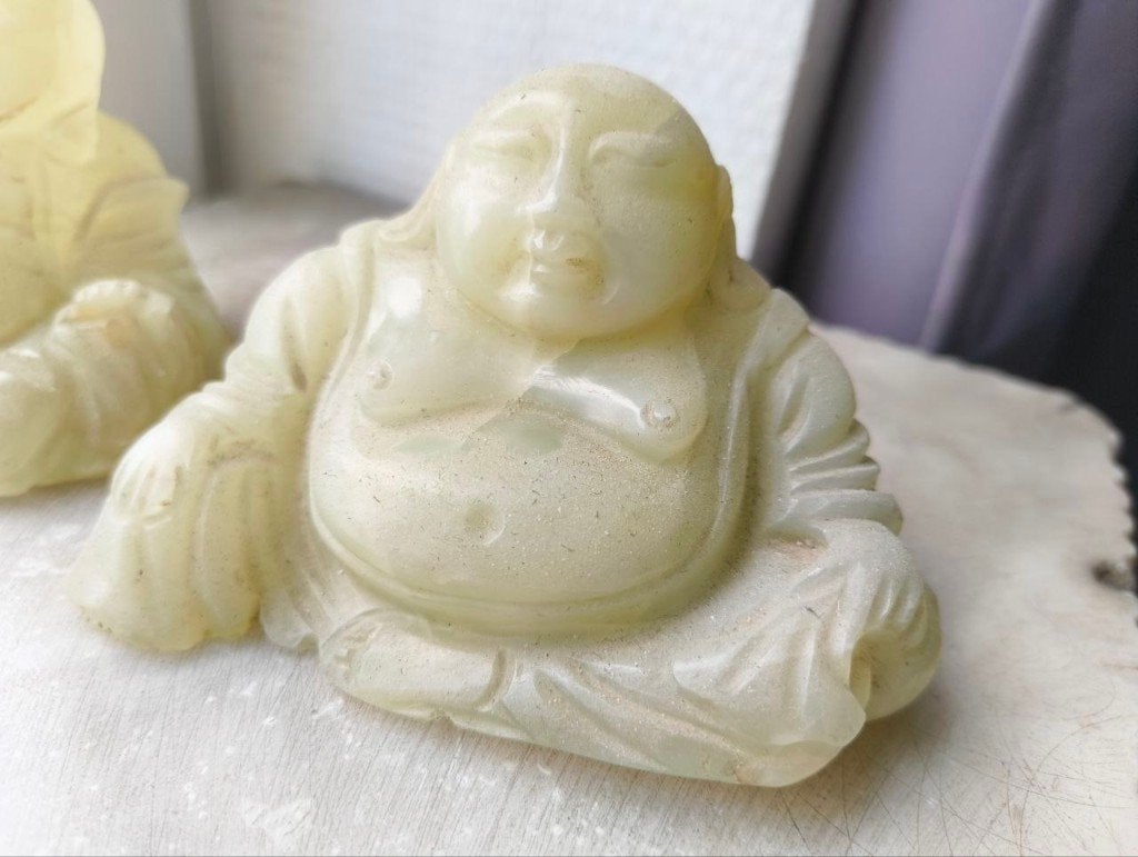 2 Antieke Jade boeddha beelden, Ophalen, Steen of Keramiek, Beeld