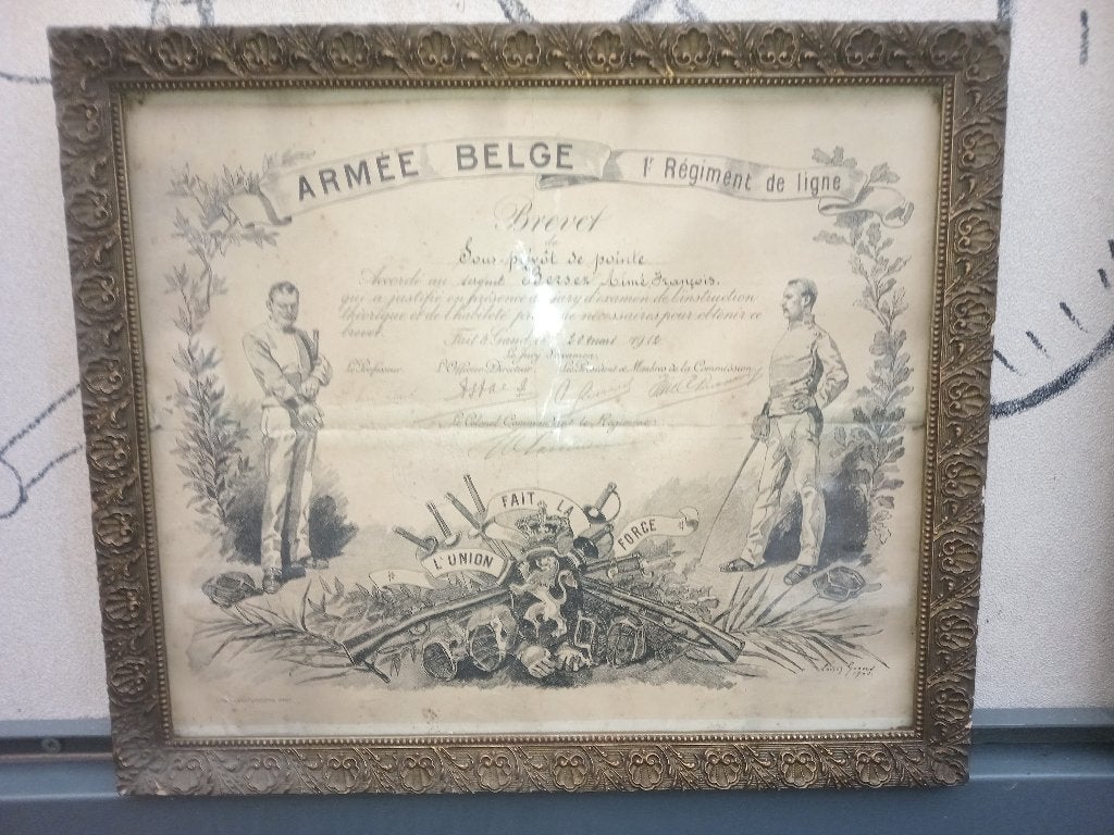 Brevet militaire original Armée Belge 1912 - 1er Régiment, Collections, Enlèvement ou Envoi