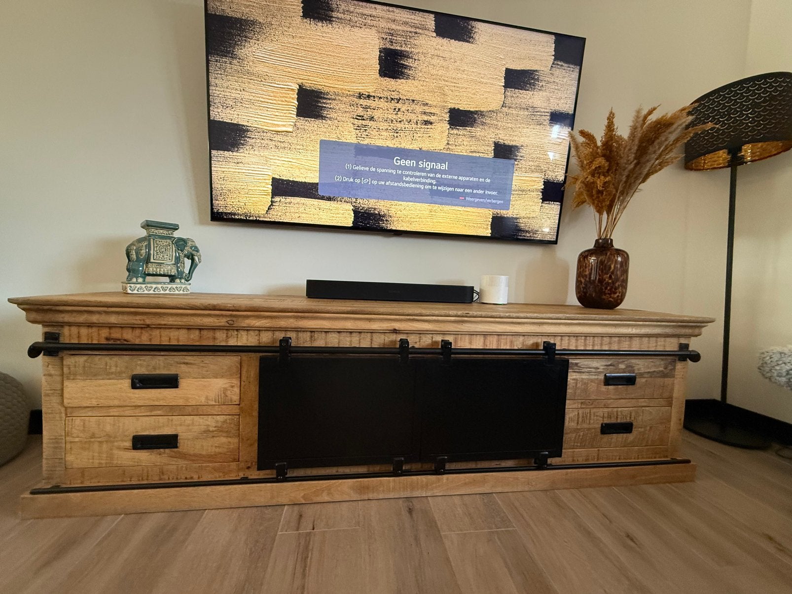 Mangohout tv meubel 200cm, Ophalen, Zo goed als nieuw, 200 cm of meer, Minder dan 100 cm