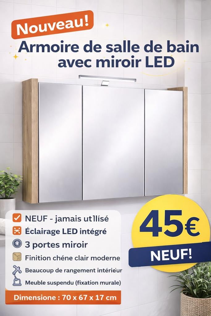 Armoire de salle de bains avec miroir LED neuf, Enlèvement
