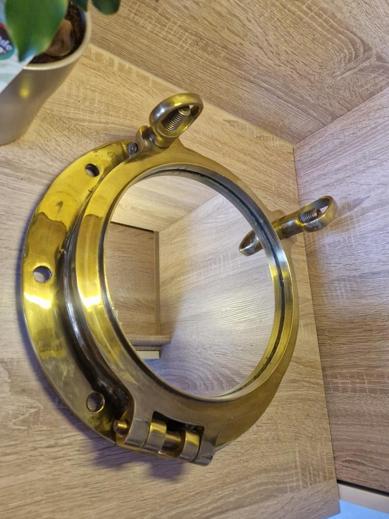 Zware messing patrijspoort met spiegel, Verzamelen, Scheepvaart, Ophalen of Verzenden