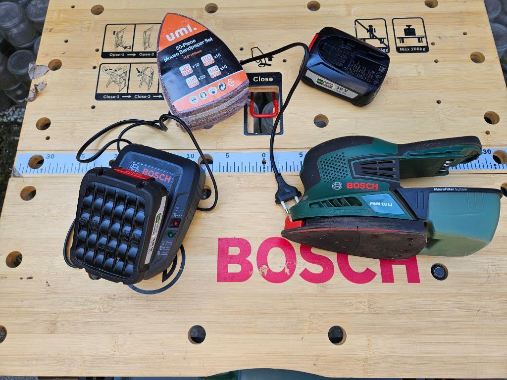 Ponceuse Bosch PSM 18 Li + accessoires, Bricolage & Construction, Enlèvement ou Envoi, Utilisé, 600 à 1200 watts, Ponceuse orbitale