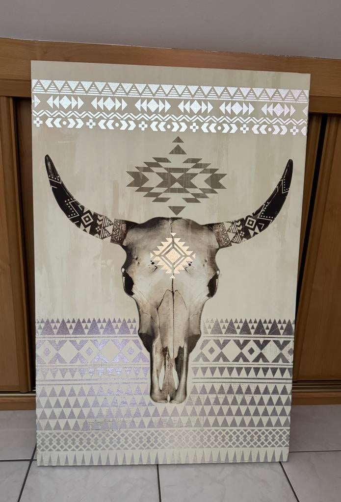 Canvas met buffelmotief gemonteerd op een houten frame, Ophalen, Zo goed als nieuw