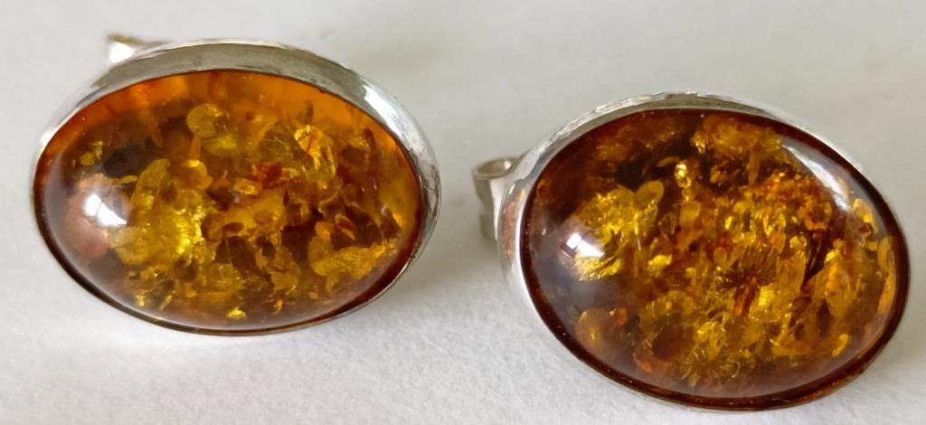 Boucles d'oreilles ovales en argent + cabochon ambre NEUVES, Puces ou Clous, Enlèvement ou Envoi, Utilisé, Argent