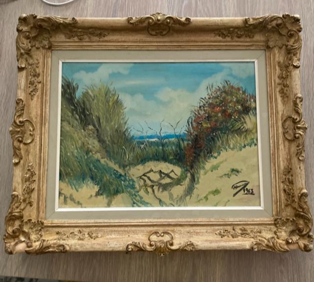 Prachtig olieverfschilderij Duinen te Zeebrugge. Jaar 1963, Ophalen of Verzenden