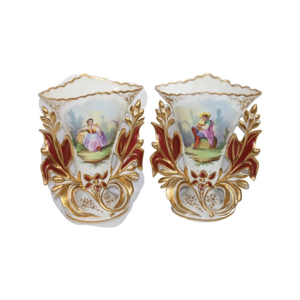 Élégante Paire de Vases de Mariage en Porcelaine Vieux Paris, Enlèvement ou Envoi