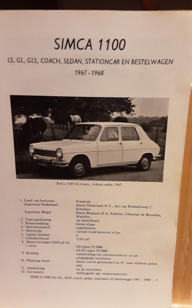 Simca 1100 technische fiche, Ophalen of Verzenden, Zo goed als nieuw