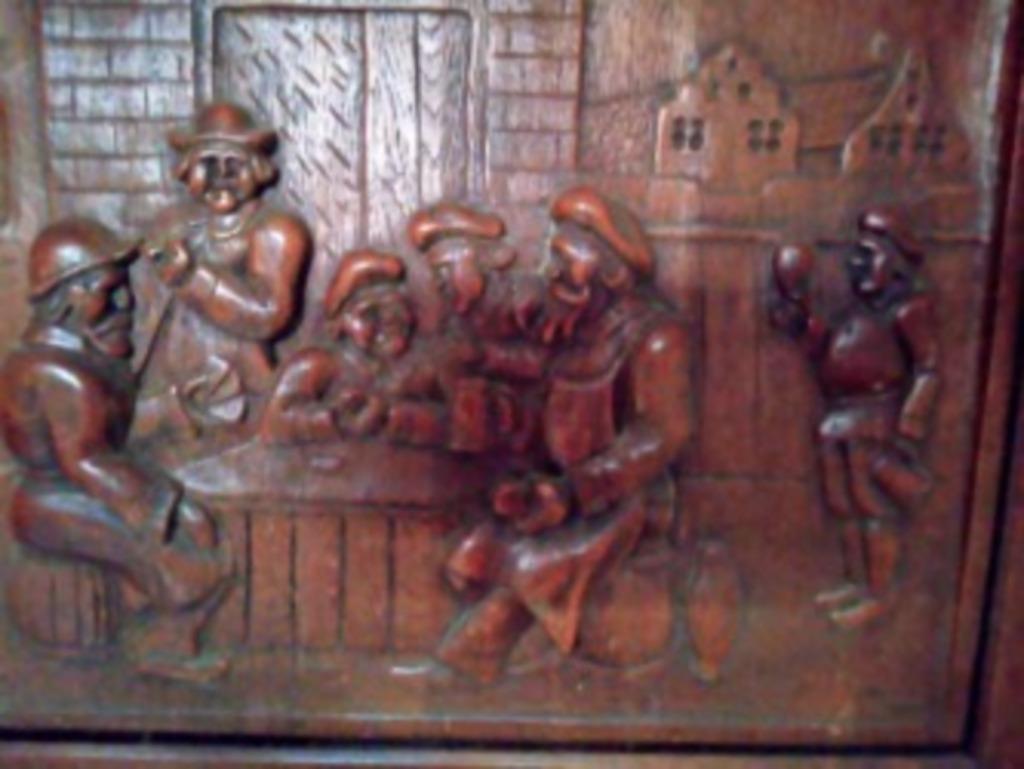 KUNST houten paneel 'HERBERGZICHT', Antiek en Kunst, Ophalen, 50 - 100 cm, Hout, Bruin