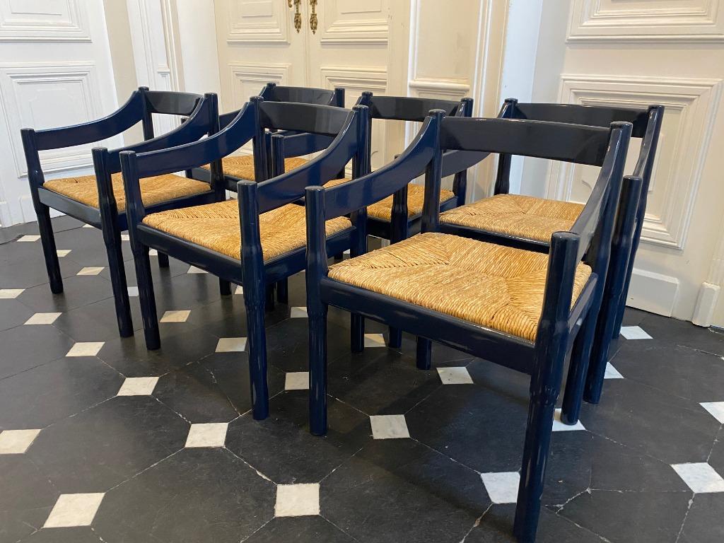 Originele Carimate stoelen Cassina blauw – set van 6, Huis en Inrichting, Ophalen, Gebruikt, Blauw, Hout