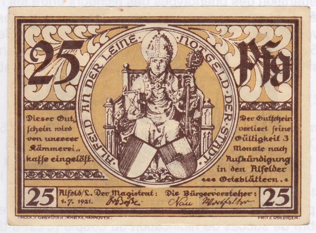 Alfeld 25 Pfennig 1921, Ophalen of Verzenden, Duitsland, Los biljet