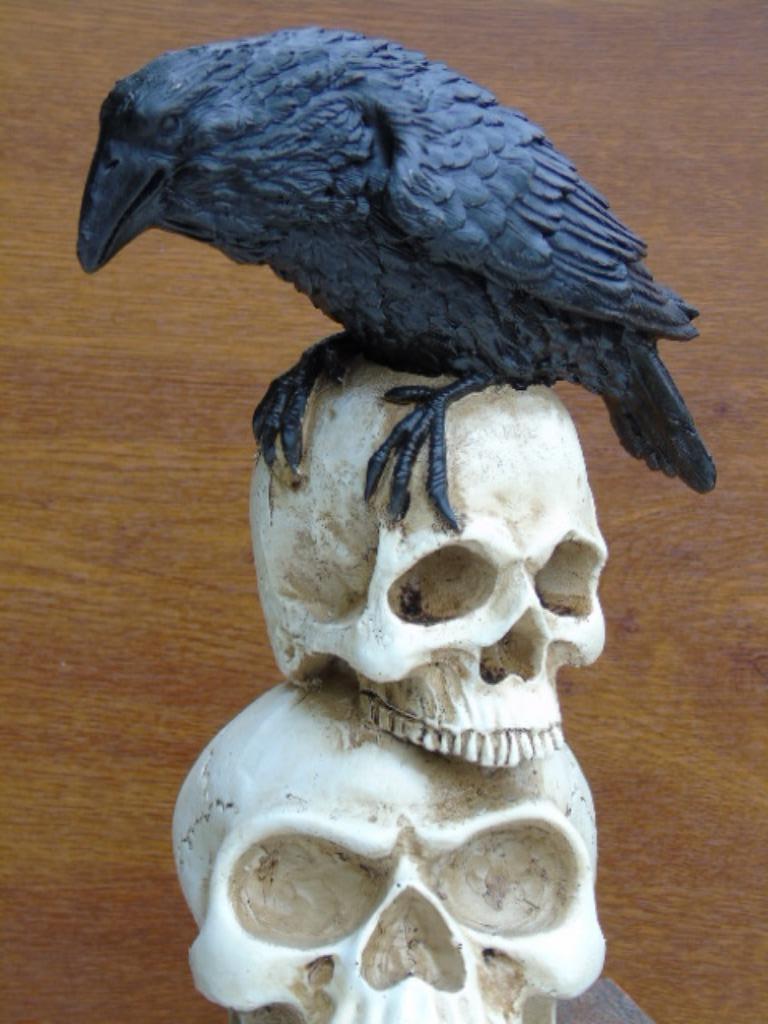 2 schedels en een kraai op boeken, Halloween-decoratie, Ophalen, Nieuw, Versiering