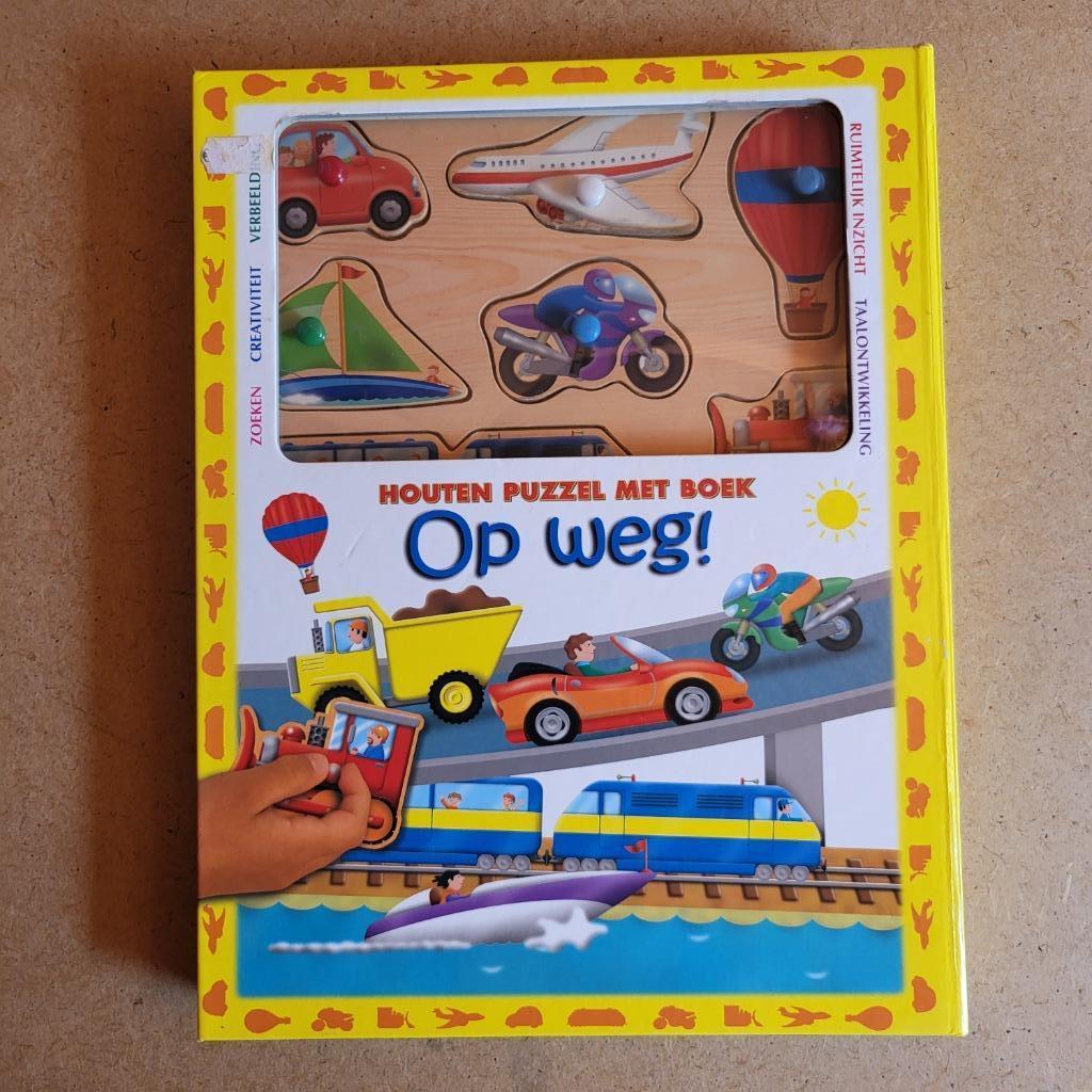 Houten puzzel met boek: Op weg!, Ophalen of Verzenden, Minder dan 10 stukjes, Gebruikt