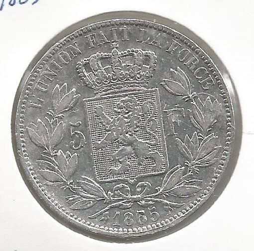 13856 * LEOPOLD I * 5 frank 1865 over 1855, Verzenden, Zilver