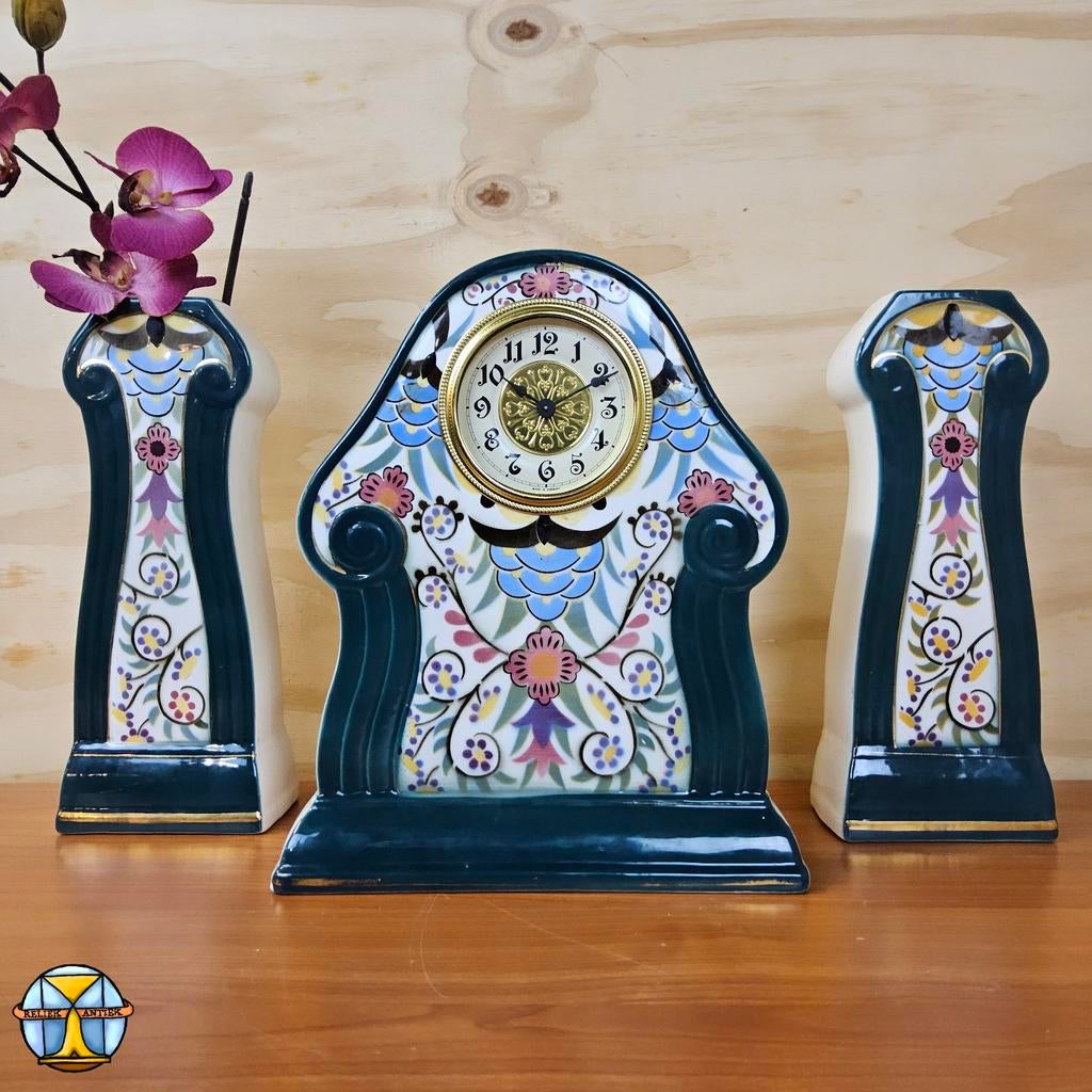 Antieke Keramieken Art Nouveau Mantelklok / Schouw Vazen, Antiek en Kunst, Ophalen of Verzenden