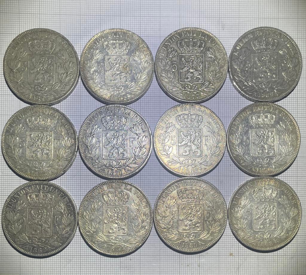 12 stukken 5 frank Leopold II - Zilver, Postzegels en Munten, Ophalen of Verzenden