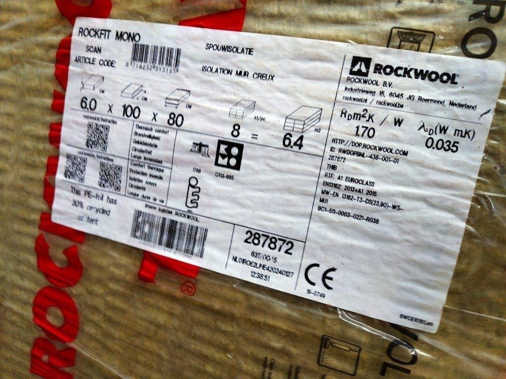 Rockwool Rockfit Mono 60x1000x800 - 38,4m² (±7,5€/m²), Ophalen, 4 tot 8 cm, Nieuw, Steenwol