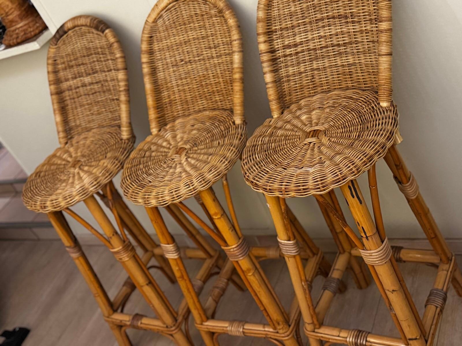 3 Barkrukken in Bamboe/Rotan/Riet samen 60€, Maison & Meubles, Tabourets de bar, Osier, Comme neuf, Enlèvement, 60 à 90 cm