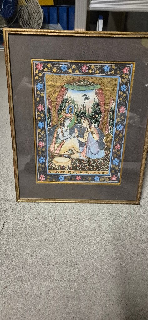 indisch tafereel, zijde, achter glas., Antiquités & Art, Art | Art non-occidental, Enlèvement, Verre