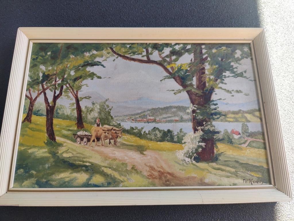 Vintage olieverfschilderij landschap met ossenkar, Ophalen of Verzenden