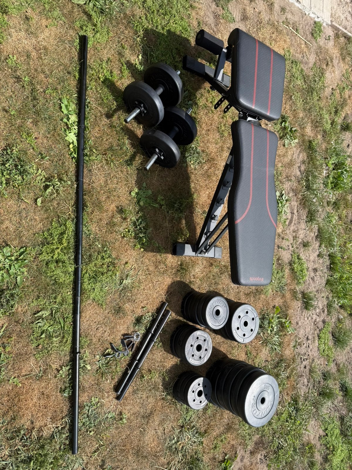 Complete thuisgym set - bank, halterstang, dumbells, rekkers, Sports & Fitness, Équipement de fitness, Enlèvement, Comme neuf