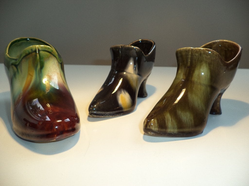 3 x ART DECO jardinière in vorm van schoen THULIN dripglaze, Antiek en Kunst, Antiek | Keramiek en Aardewerk, Ophalen of Verzenden