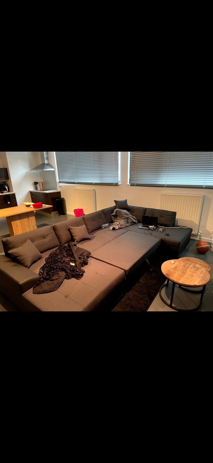 Grote donkergrijze U-vormige hoekzetel met chaise longue, Ophalen, Gebruikt, 300 cm of meer, Grote donkergrijze U-vormige hoekzetel met chaise longue