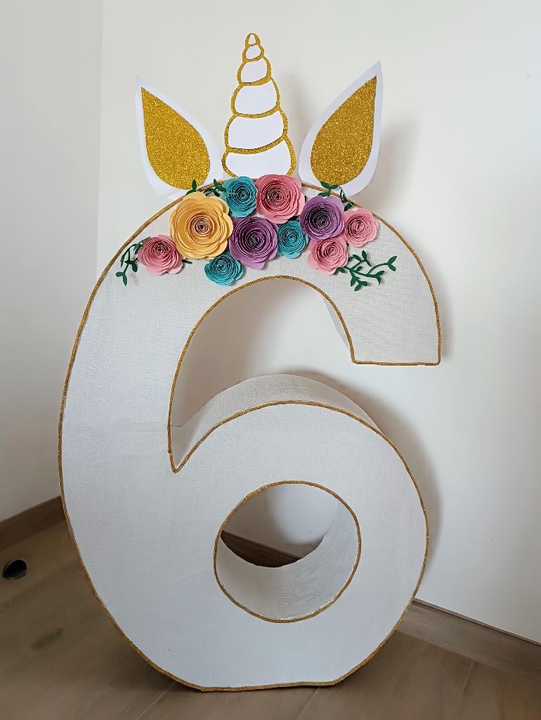 Chiffre 6 Licorne Géant 105cm Déco Anniversaire Fille, Enlèvement ou Envoi, Comme neuf, Faite main
