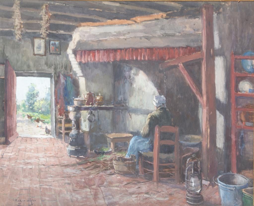 Victor Wagemaekers (1876-1953): Oud hoeveinterieur (79x67cm), Antiek en Kunst, Ophalen of Verzenden
