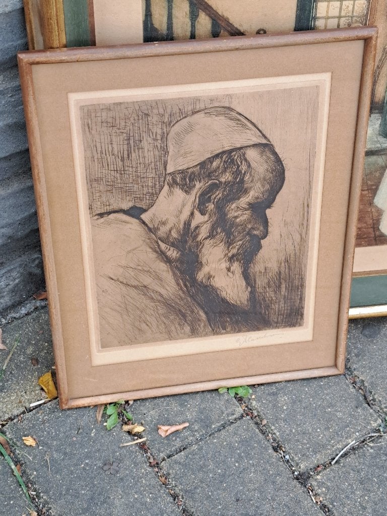 gravure homme arabe signe gustave flasschoen, Antiek en Kunst, Ophalen of Verzenden, Gravure