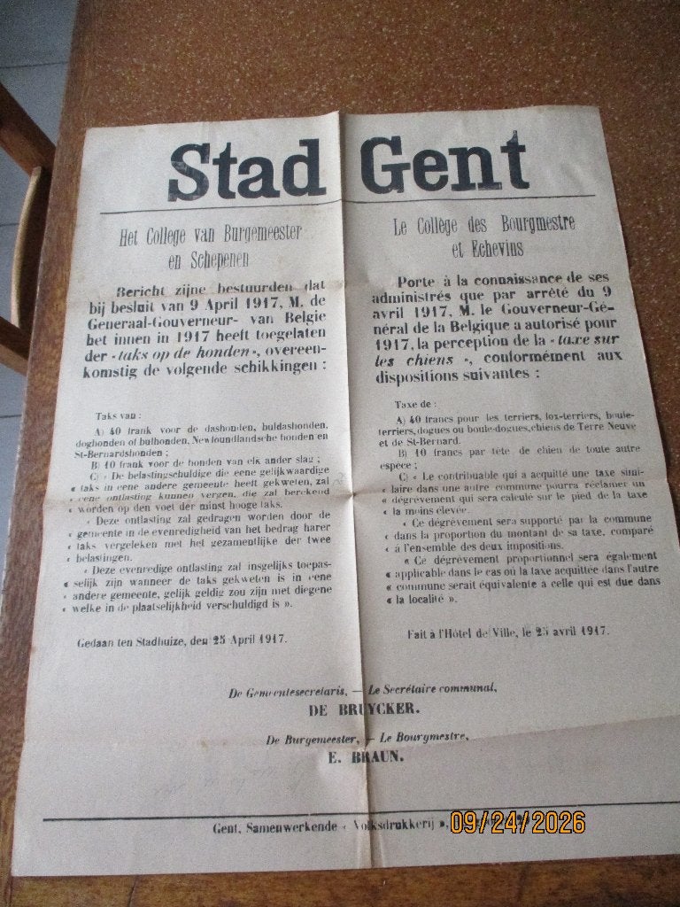 Affiche Gent  1917 Hondentaks, Ophalen of Verzenden