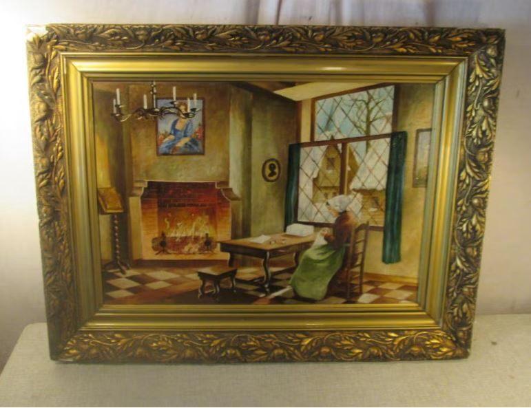 Belle œuvre peinte à l'ancienne « Dans le salon » - signée, Antiquités & Art, Enlèvement ou Envoi