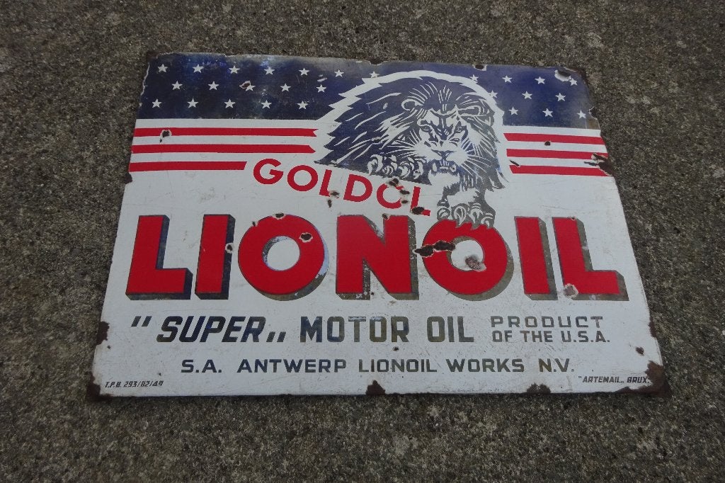 Lion oil 1949 plaque émaillée originale, Enlèvement, Utilisé, Panneau publicitaire