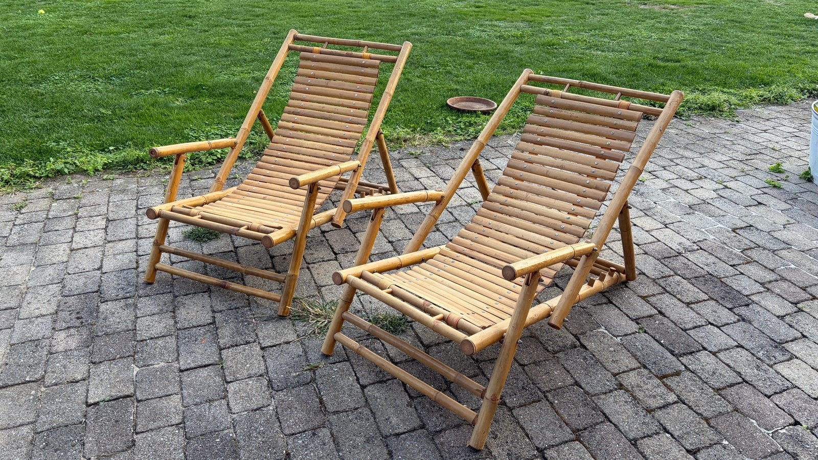 Bamboe ligstoelen 2 stuks, Tuin en Terras, Ophalen, Gebruikt, Hout, Inklapbaar