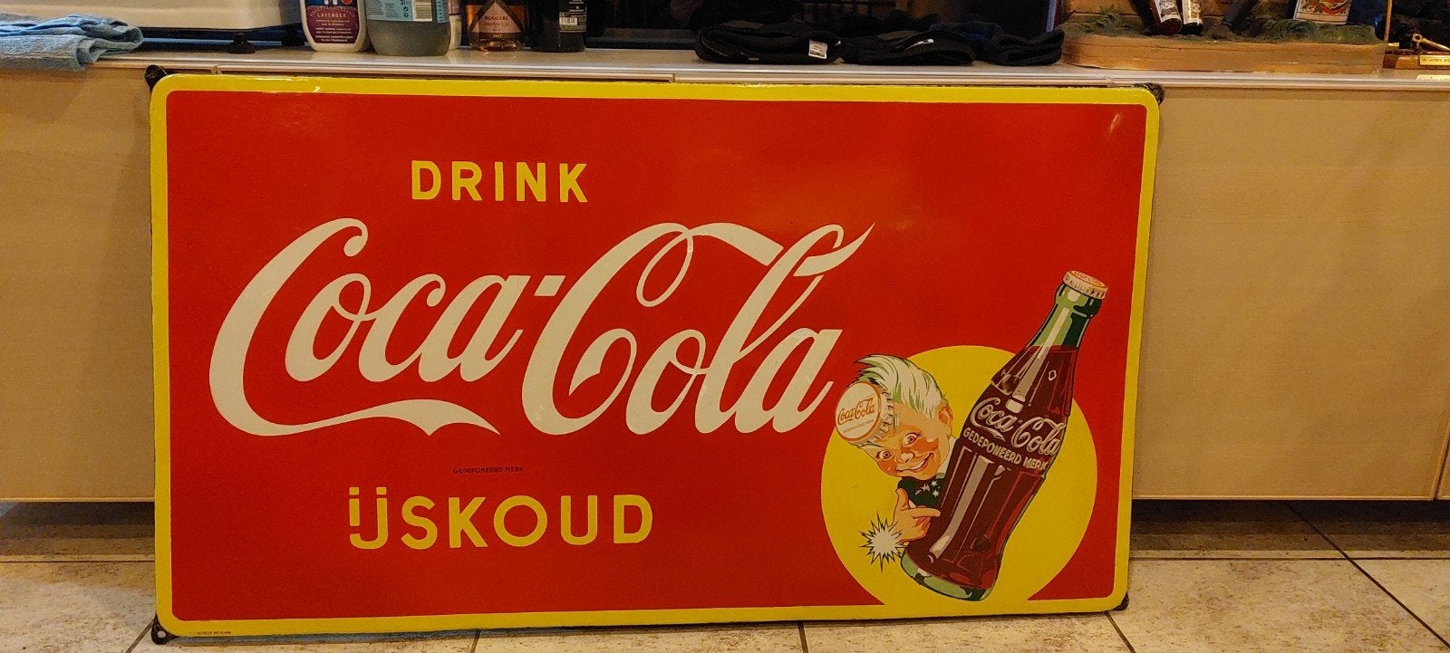 Grote email Coca Cola 1955 TOP staat., Ophalen, Gebruikt, Reclamebord
