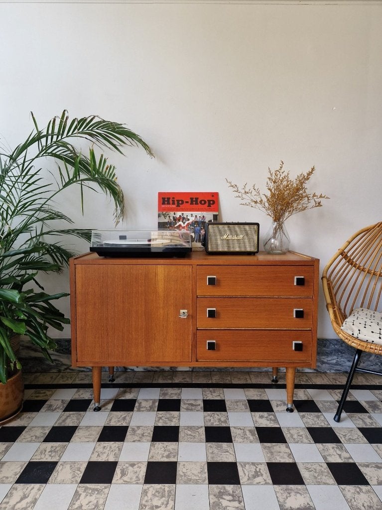 Vintage midcentury dressoir | platenspeler meubel | kast, Enlèvement, Utilisé, Bois, Vintage