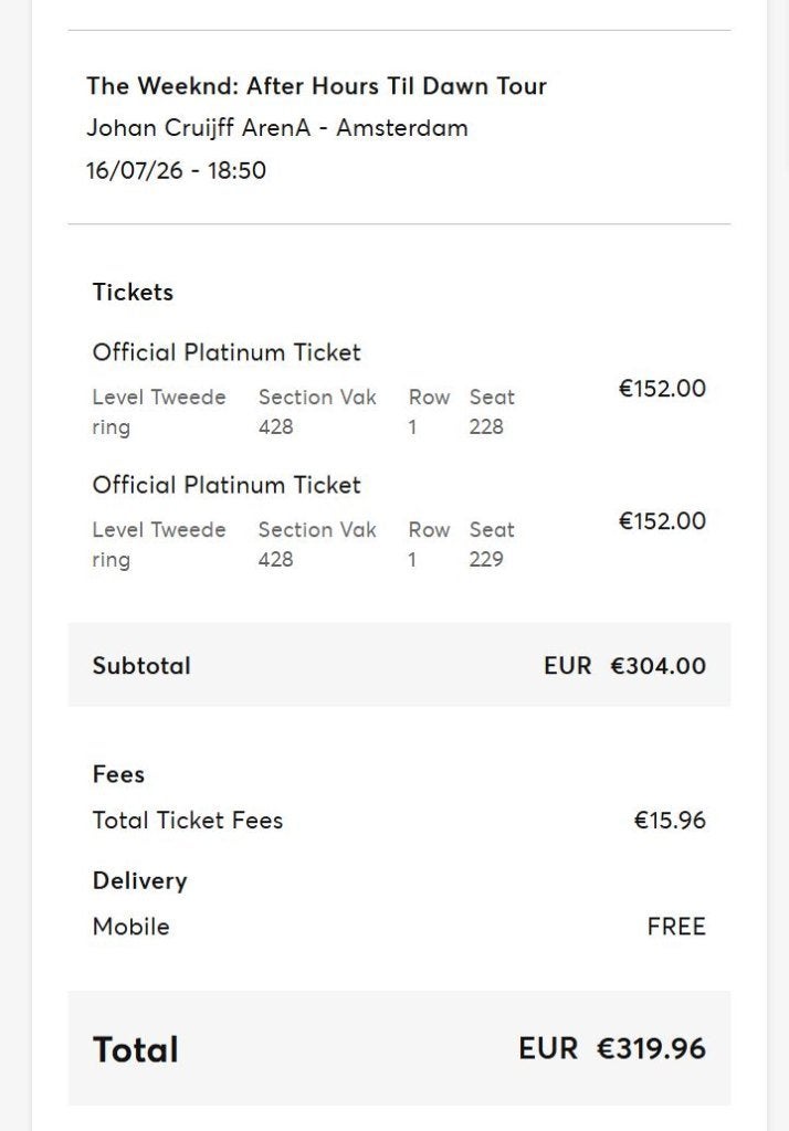 2 The Weeknd concertkaartjes 16 juli Amsterdam, Twee personen, Juli