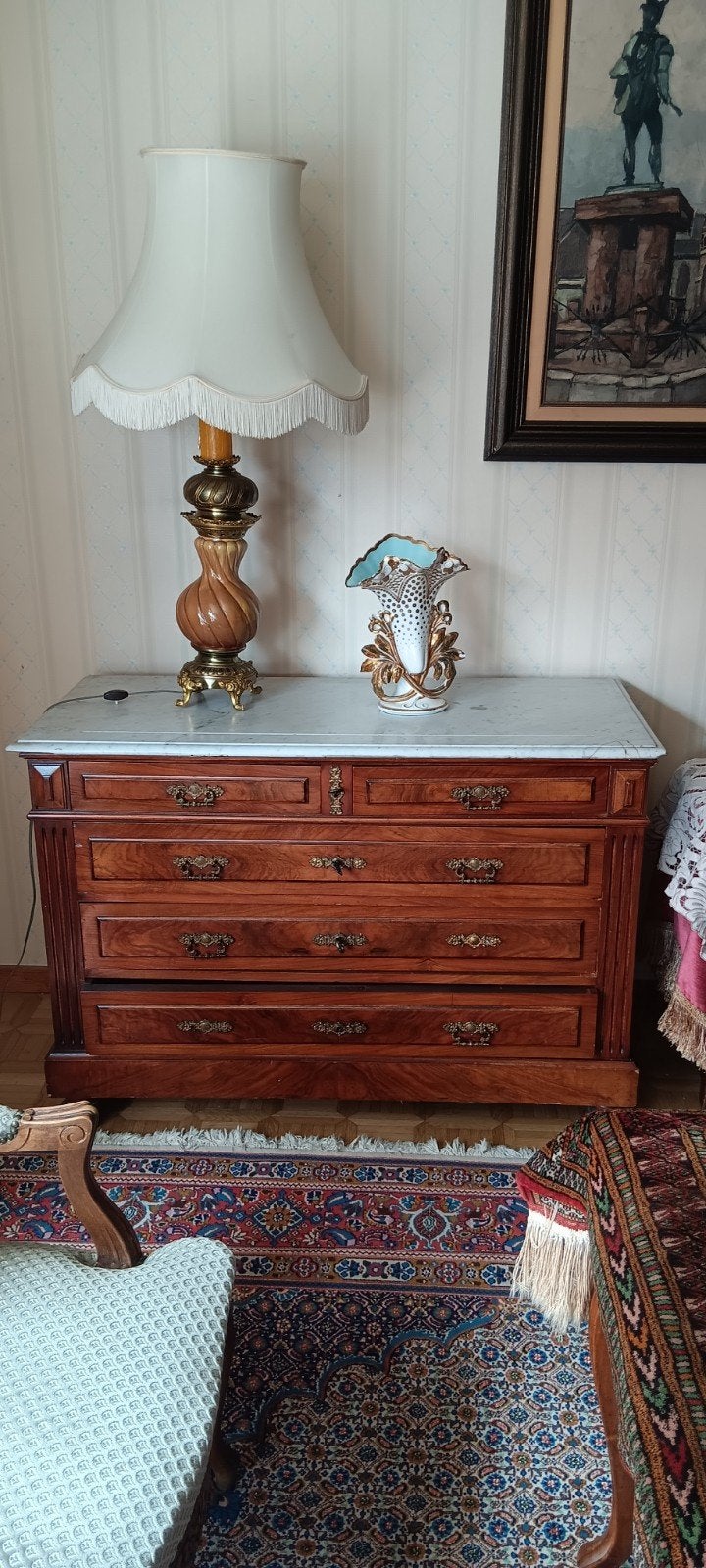 Commode in notenhout met wit marmeren blad, Huis en Inrichting, Ophalen, Gebruikt