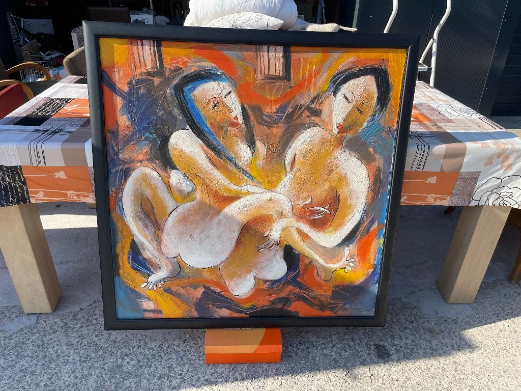 Groot handgeschilderd schilderij met vrouwen – 109 x 109 cm, Enlèvement, Peint à la main