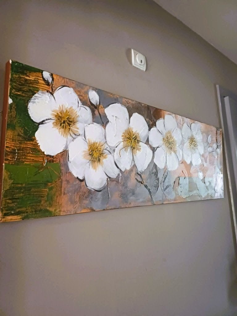 Decoratief schilderij witte bloemen 120 x 40 cm., Antiquités & Art, Enlèvement