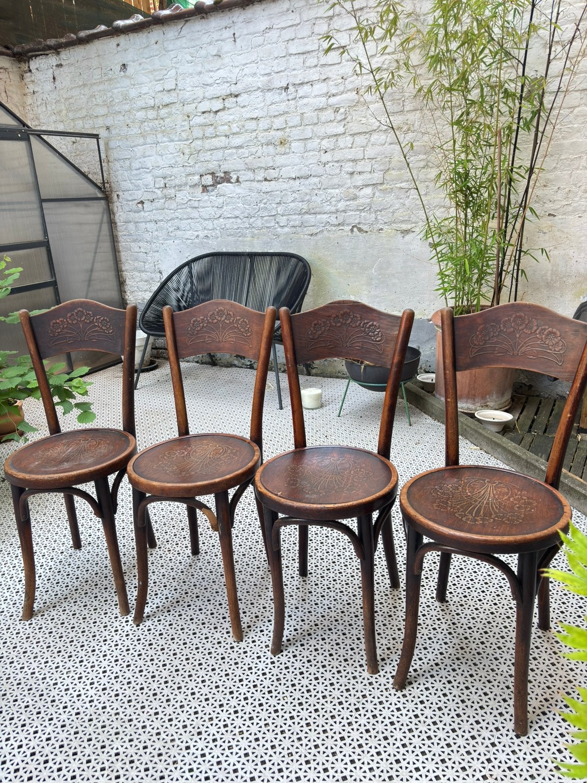 — RARE — 4 chaises bistrot d'époque en bois courbé (1920), Enlèvement, Utilisé, Bois, Quatre