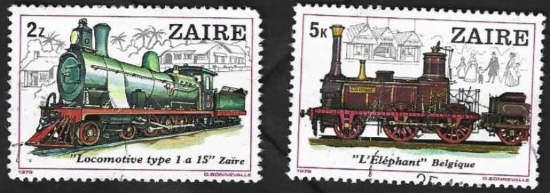 2 Postzegels Zaïre 1980 Locomotieven, Enlèvement ou Envoi, Affranchi, Trains