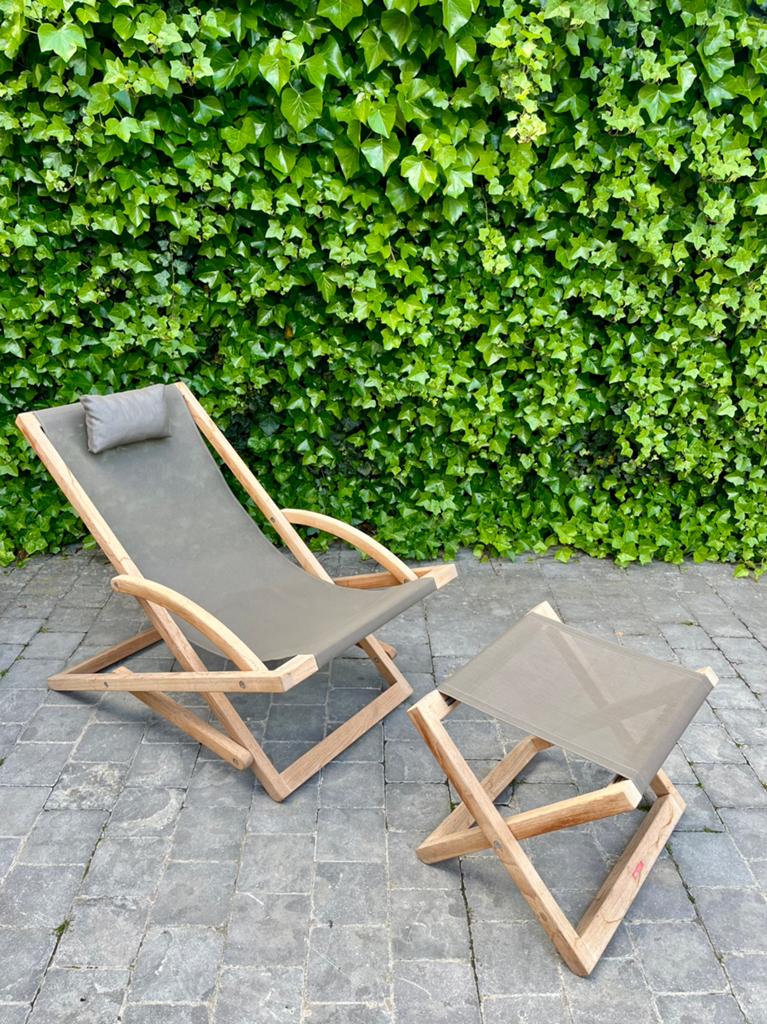 Royal Botania Beacher + nekkussen + voetbank, Tuin en Terras, Ophalen, Zo goed als nieuw, Teakhout, Verstelbaar