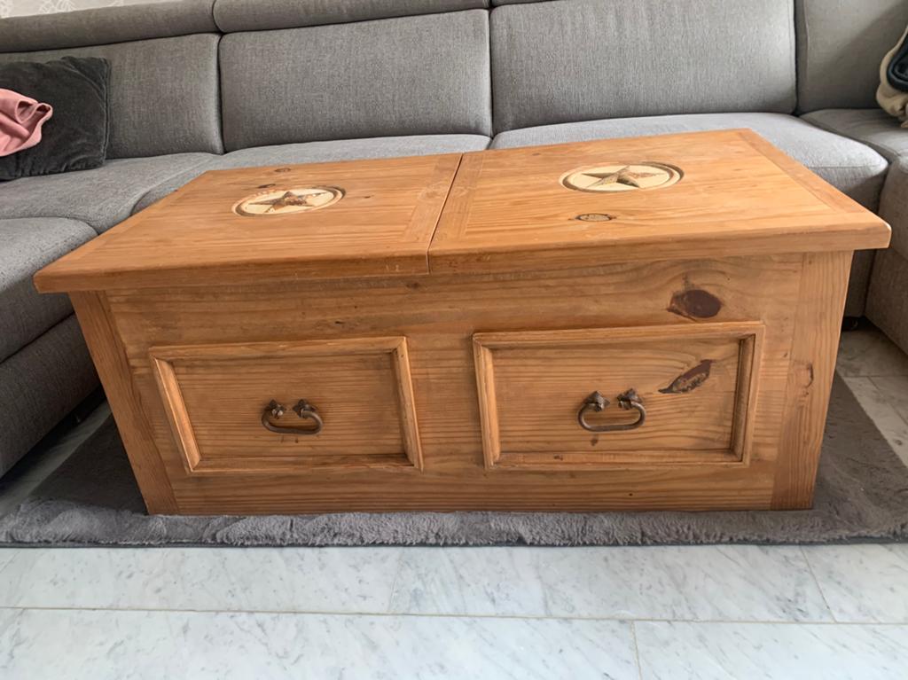 Massief houten salontafel met opbergruimte – rustieke stijl, Huis en Inrichting, Woonaccessoires | Kisten, Ophalen, Gebruikt, 100 tot 150 cm