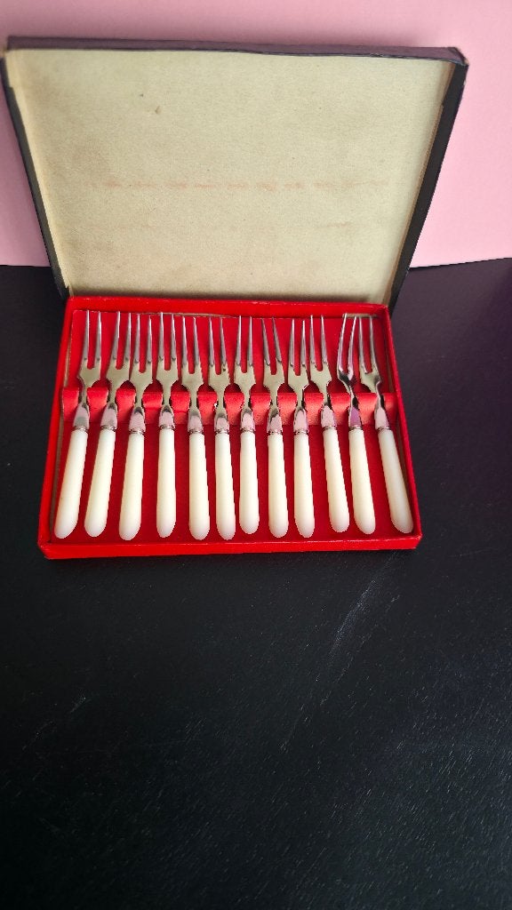 set van 12 vintage dessertvorkjes Met originele doos, Ophalen of Verzenden, Zo goed als nieuw, Overige materialen