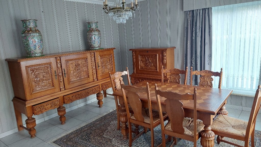 Prachtig uniek massief eiken eetplaats met houtsnijwerk, Ophalen, Handgemaakt, Hout, Houtsnijwerk
