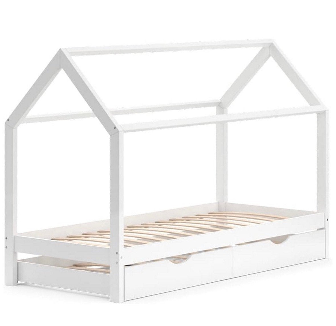 Huisbed 90x200 wit + ongebruikte bedlade – houten kinderbed, Ophalen, 85 tot 100 cm, Zo goed als nieuw, Lattenbodem
