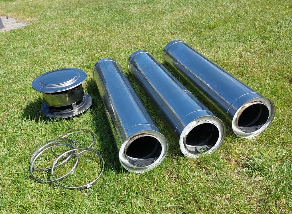 Dubbelwandig geïsoleerde rookgasafvoer in rvs inox kap e.a., Ophalen, 2 tot 4 meter, Zo goed als nieuw, 80 mm of meer