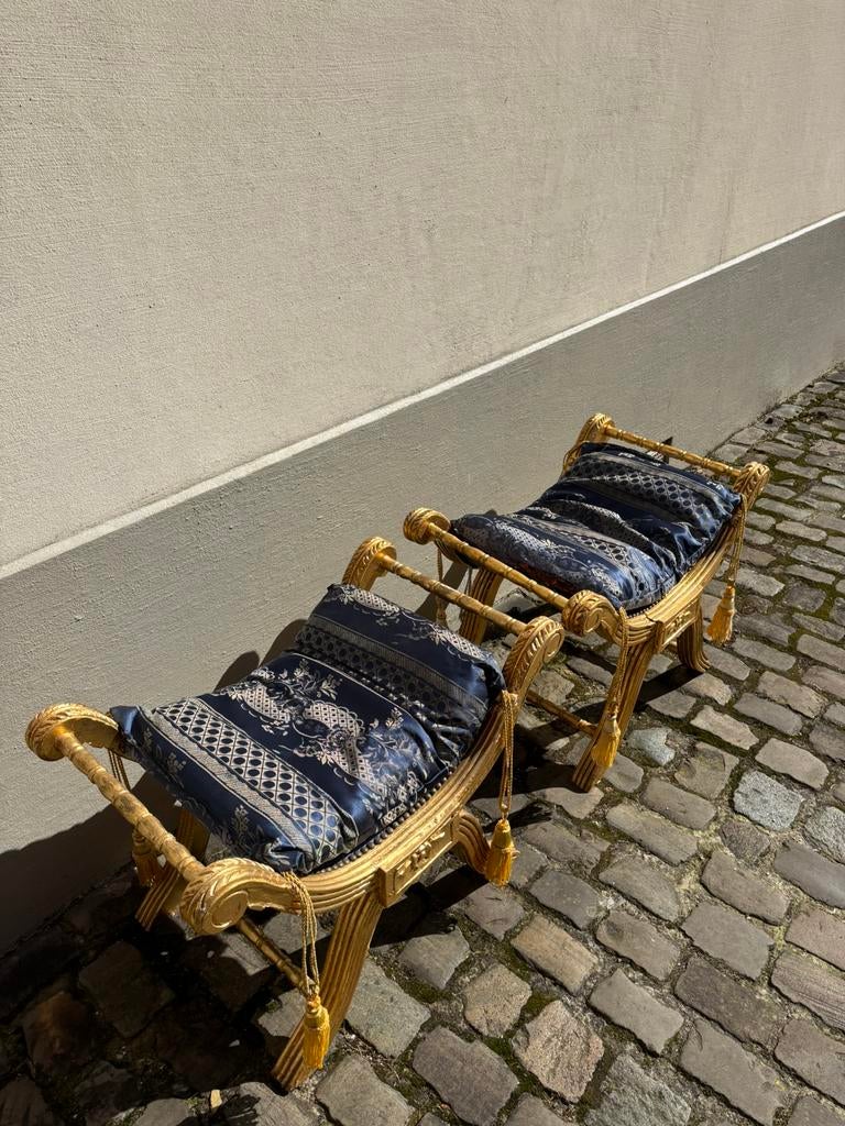 Twee Romeinse houten stoelen met kussens, Ophalen