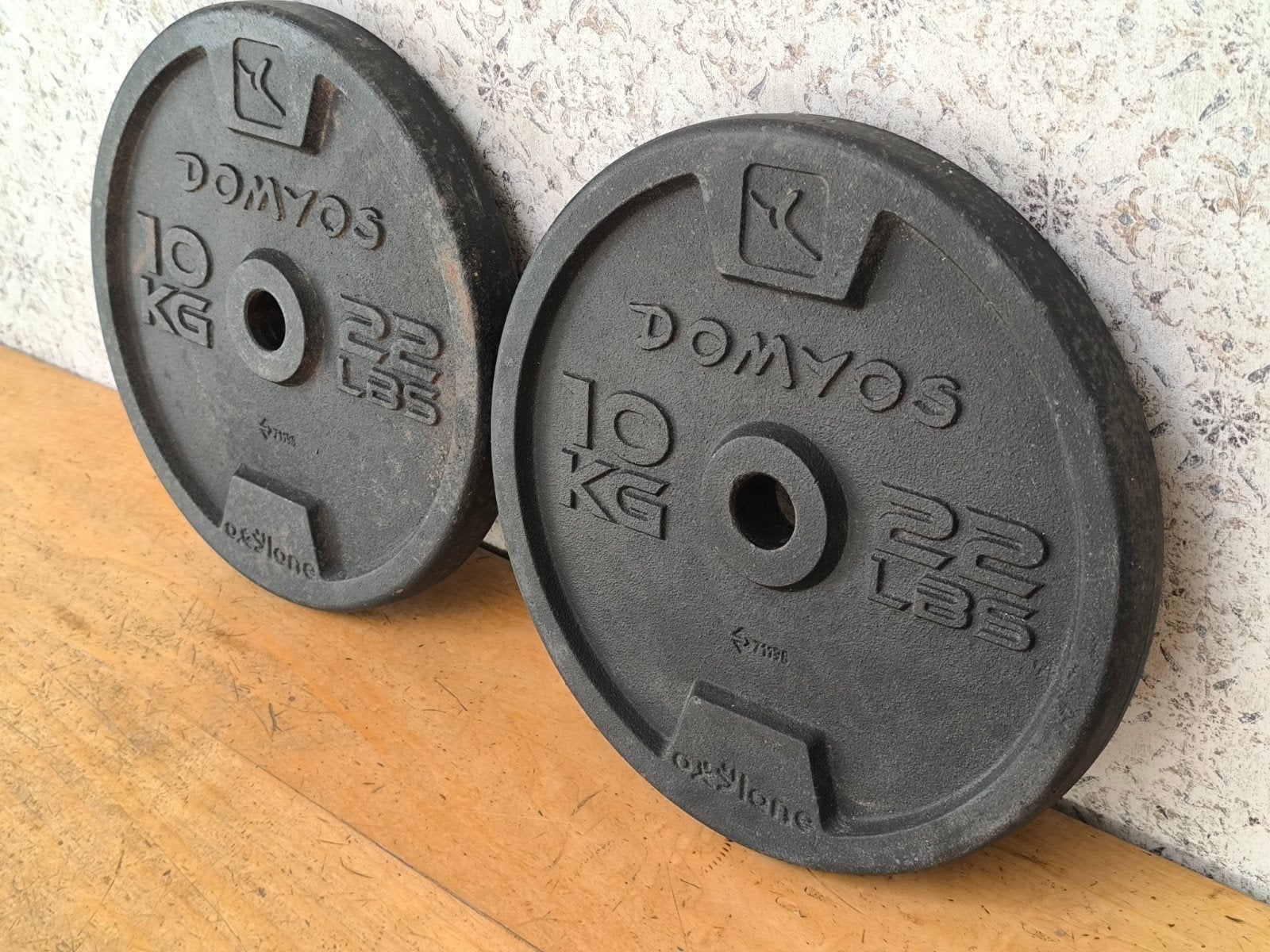 2 x Domyos 10kg plaques de musculation. 2,8cm., Enlèvement, Utilisé, Bras, Plaques d'haltères