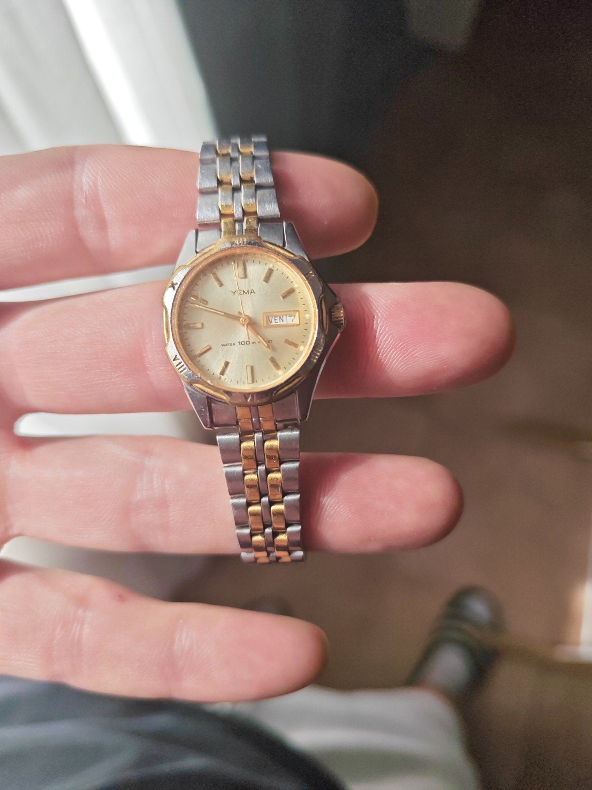 Yema Vintage tweekleurig Day-Date dameshorloge, Handtassen en Accessoires, Ophalen, Staal, Gebruikt, Staal